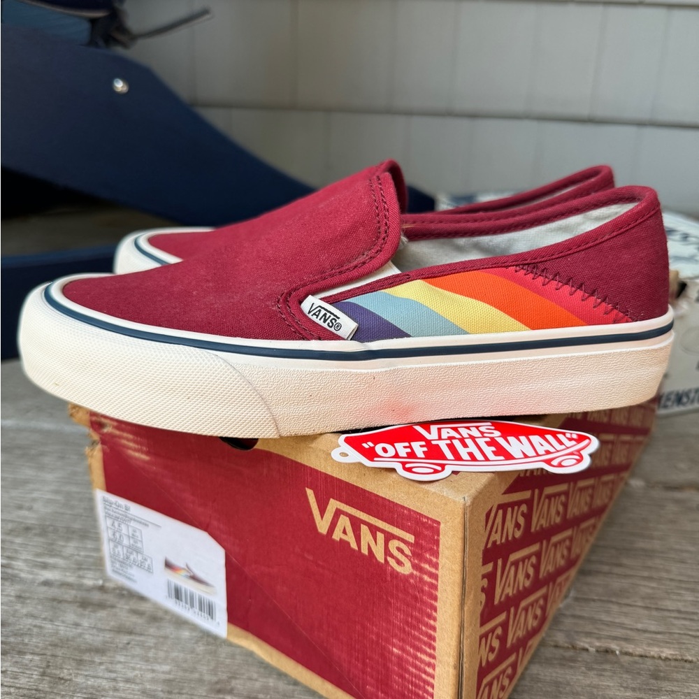Vans Red Slip-On Sneaker with Rainbow Stripe